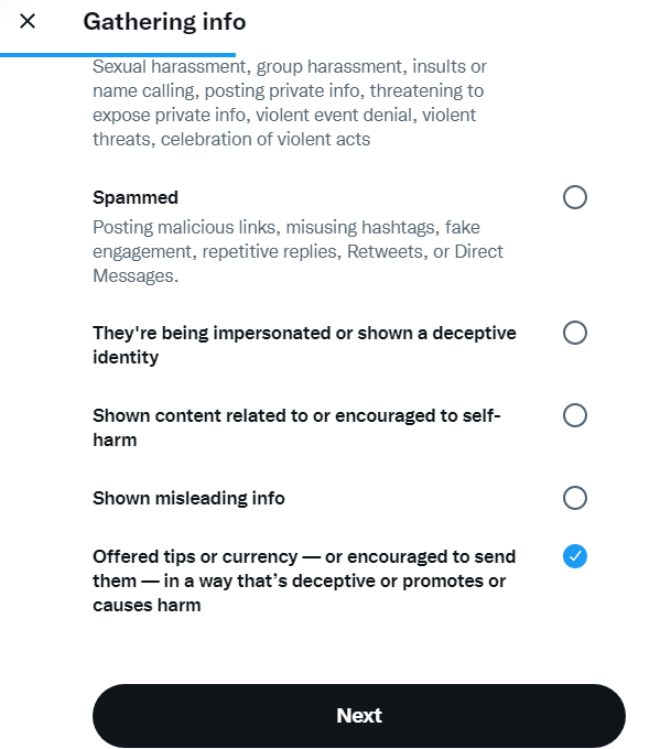ProTip, because <a href="/twitter/">Twitter</a> &amp; <a href="/elonmusk/">Elon Musk</a> have such a terrible problem with #crypto bots, there's now a specific report option for them: