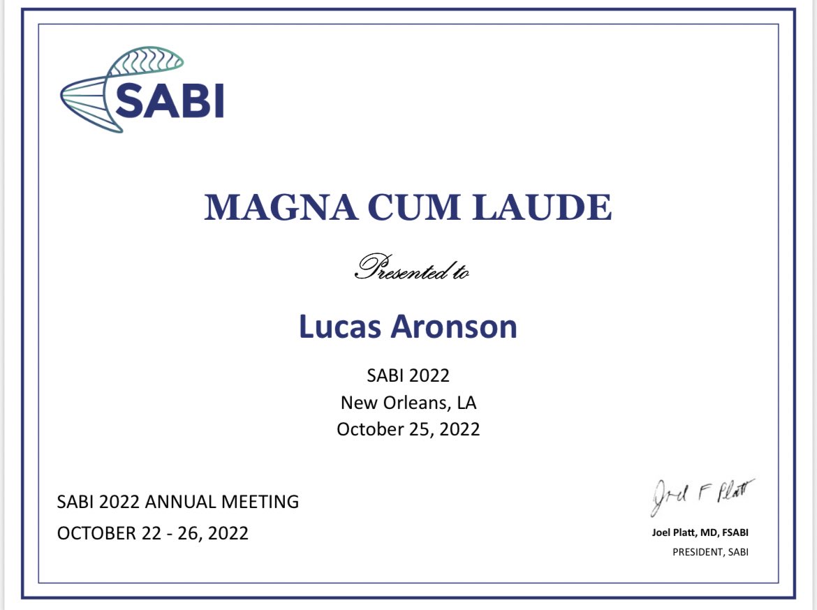 AronsonLuke's tweet photo. Catch-up post 5/5: I feel so honored to have won the Magna Cum Laude award for the best 3 Pearls presentation at #SABI2022 It was such a privilege just to present at this event, and I am truly grateful for the recognition! @SABImaging https://t.co/rLTyZ30pas