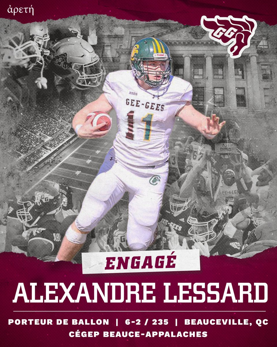 GeeGeesFootball's tweet photo. Nous avons le grand plaisir d’annoncer qu’Alexandre Lessard se joindra à nous en provenance du @cegepba 

Élu au sein de l’équipe d’étoiles du RSEQ l’an dernier, Alex a mené la ligue avec 726 verges au sol et 6 touchés cette saison, affichant une moyenne de 10,4 verges par course https://t.co/NGem1577ha