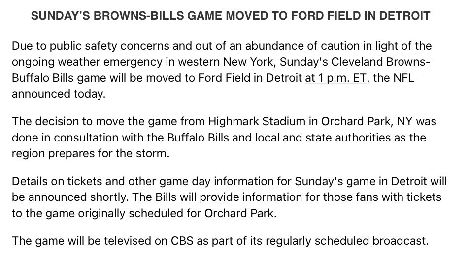 Buffalo Bills vs. Cleveland Browns game moves to Detroit