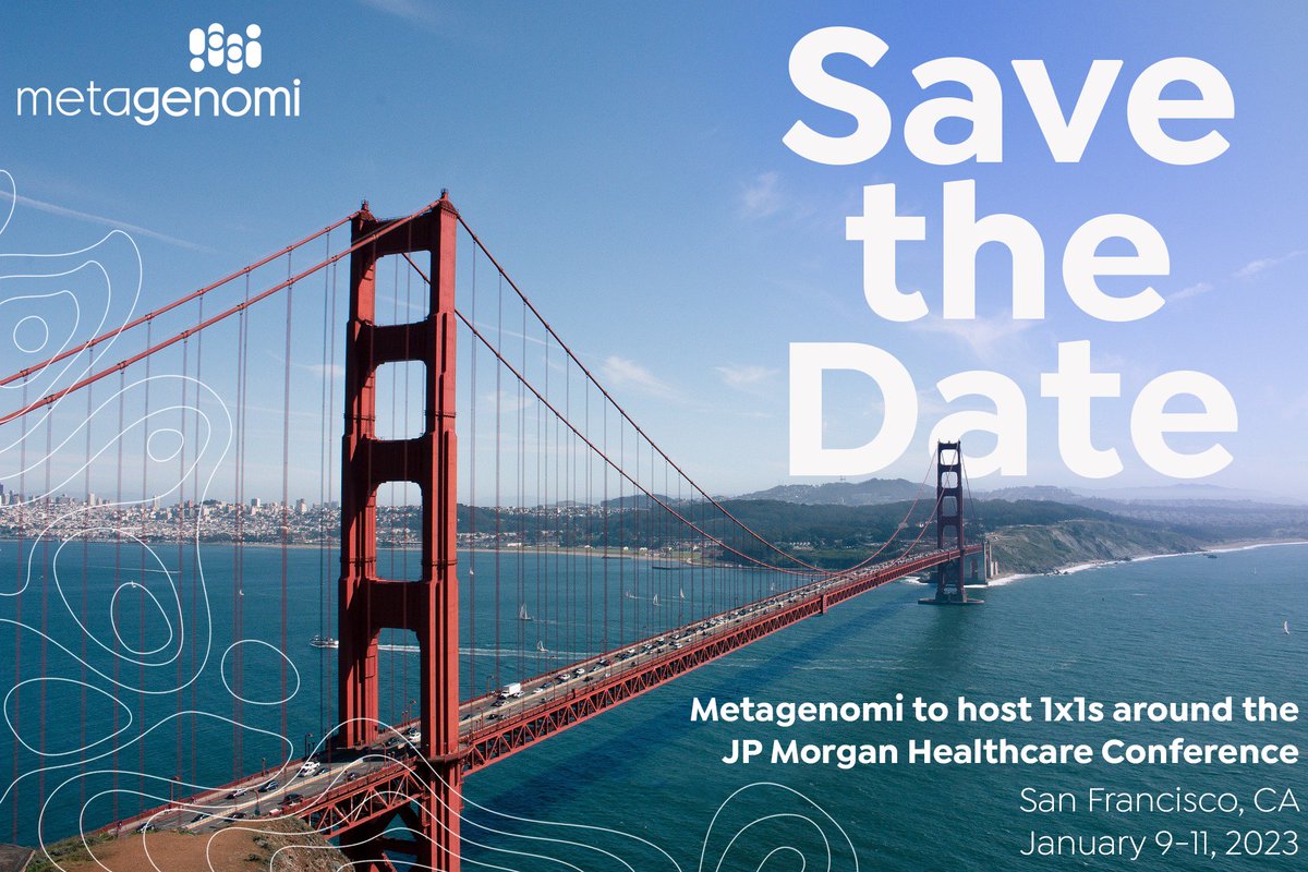 Metagenomi (@metagenomi) on Twitter photo Don’t Forget - Metagenomi is hosting 1x1 meetings around the J.P. Morgan 41st Annual Healthcare Conference in San Francisco, January 9-11, 2023.
Please email IR@metagenomi.co to enquire about meeting availability Don’t Forget - Metagenomi is hosting 1x1 meetings around the J.P. Morgan 41st Annual Healthcare Conference in San Francisco, January 9-11, 2023.
Please email IR@metagenomi.co to enquire about meeting availability
