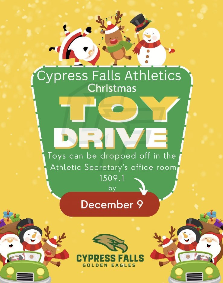 Our Student Athlete Leadership Team is encouraging all of Cy Falls Athletics to take part in the CALI BEAR Toy Drive. The toys need to be new, in original packaging, and unwrapped. It benefits children in the CPS system. The last day to drop off toys at Cy Falls is December 9th.