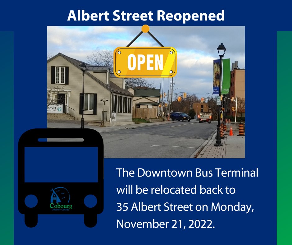 COBOURG TRANSIT: The Downtown Transit Terminal will be relocated from its temporary location back to 35 Albert Street as of Monday, November 21. 🚌

The Town of Cobourg thanks the community for your patience and understanding during the construction period.