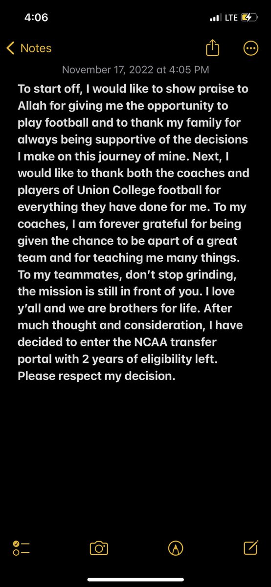 Thank you Union College Football for everything thus far. I will be entering the NCAA transfer portal with 2 years of eligibility left. hudl.com/v/2JrZTt