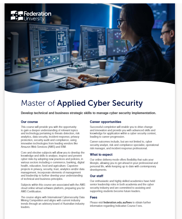 Study #cybersecurity at <a href="/FederationUniv/">FederationUniversity</a>  and get job ready skills to prepare you for <a href="/awscloud/">Amazon Web Services</a>  Professional, CISSP and CCSP certificates. <a href="/fancy_4n6/">Shanna Niggans 🦄</a> <a href="/Ruxmon/">Ruxmon</a> <a href="/DSI_VIC/">Defence Science Institute (DSI)</a> <a href="/oceania_cyber/">Oceania Cyber Security Centre (OCSC)</a> <a href="/ComfyConAU/">ComfyCon AU</a> <a href="/robertlayton/">rob@hackerspace.au</a> <a href="/MattTett/">Matt Tett</a> <a href="/AISA_National/">AISA National</a> <a href="/RedPiranhaSec/">Red Piranha</a> <a href="/GyledC/">Gyle 🌻🇵🇭🇦🇺 8x💉 Taking it one day at a time..</a> <a href="/seceduau/">SECedu - Cybersecurity Education Network</a> <a href="/shandsaker/">Scott Handsaker</a>