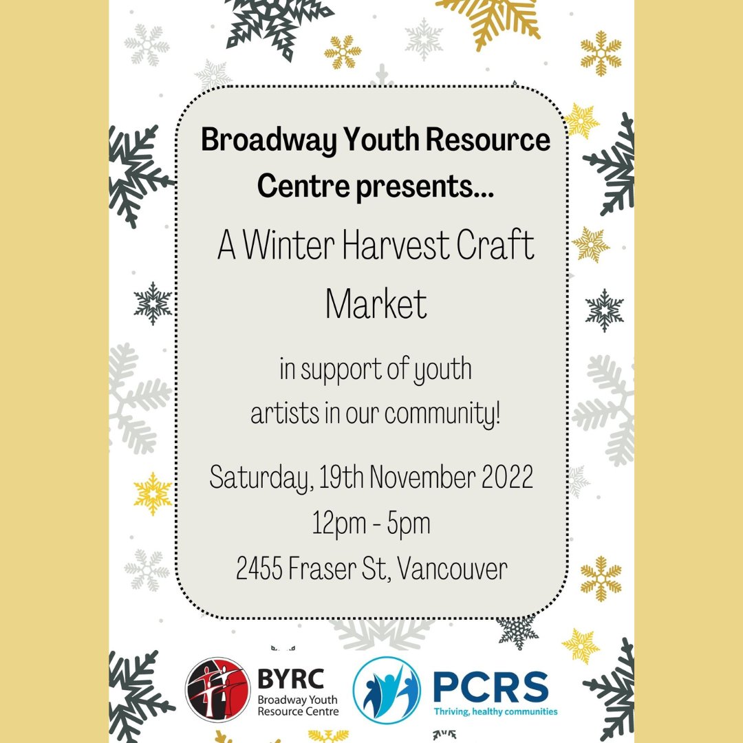 LoveWiredBC's tweet photo. Join our friends at the Broadway Youth Resource Centre on Saturday, November 19th from 12-5pm for a Winter Harvest Craft Market featuring beautiful work by local youth artists in our community!
The Market will take place at the BYRC, 2455 Fraser Street, Vancouver. See you there! https://t.co/y2CuqEdnqg