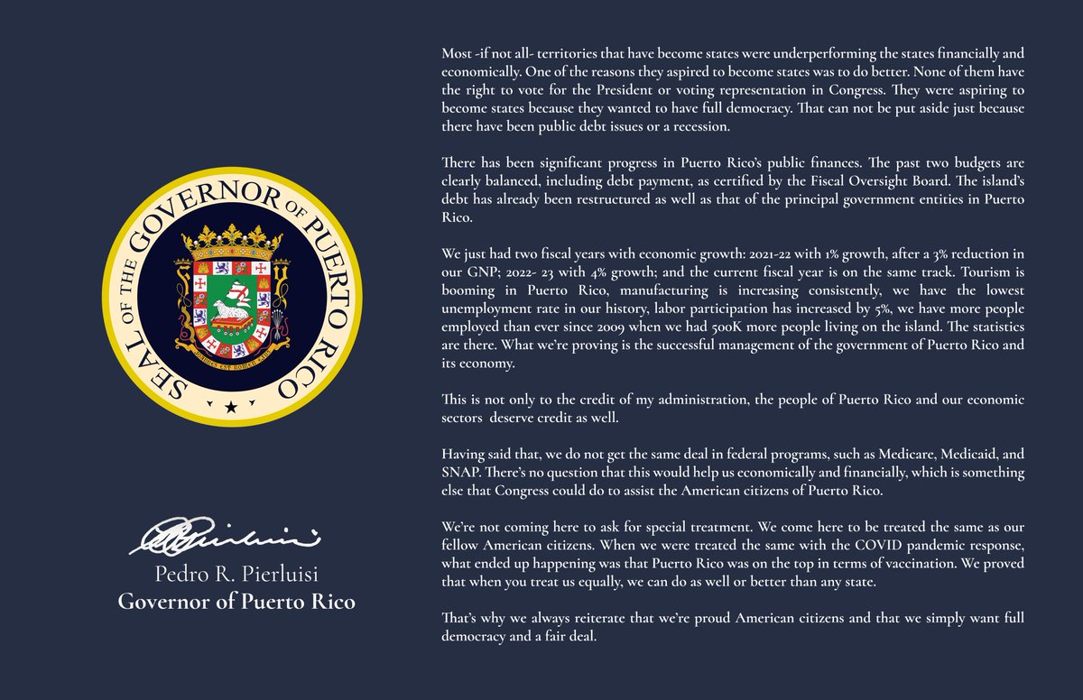 GovPierluisi's tweet photo. Puerto Ricans are American citizens and our claims before Congress are for equal treatment. @CongressmanHice https://t.co/WjbDaCSx2y