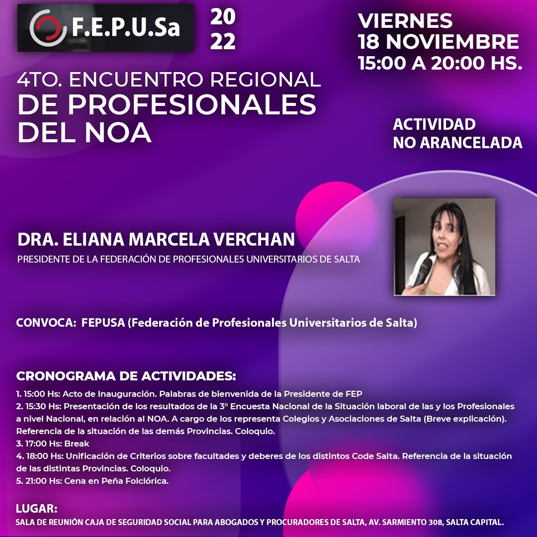 fepusaok's tweet photo. 👉Participá del 4to Encuentro Regional de Profesionales del NOA
🔺Actividad NO ARANCELADA
🗓 Viernes 18
⏰De 15 a 20 hs
👉Expone: Dra Eliana Verchán
📍Lugar: sala de reunión de la Caja de Seguridad Social para Abogados y Procuradores de Salta -Sarmiento 308
#FEPUSa https://t.co/BEYydwMCDT