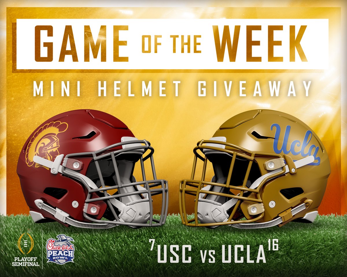 A major matchup for the <a href="/Pac12/">Pac-12 Conference</a> with a shot at the #CFAPeachBowl Semifinal on the line ‼️

For a chance to win a <a href="/uscfb/">USC Football ✌️</a> or <a href="/UCLAFootball/">UCLA Football</a> mini helmet:
1️⃣ Follow us
2️⃣ Retweet
3️⃣ Comment who you're cheering for

#FightOn #GoBruins