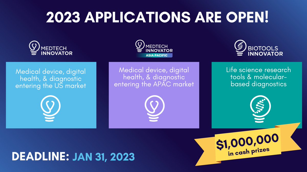 MedTech Innovator (@medtechawards) on Twitter photo APPLICATIONS ARE NOW OPEN for 2023! <a href="/medtech/">Patsy Bentley Hall</a> awards is seeking early to mid-stage #medical device, #digital health and #diagnostics companies. Apply to be selected for the 2023 cohort and for a chance to win up to $500,000 in cash prizes. medtechinnovator.org/apply/ APPLICATIONS ARE NOW OPEN for 2023! <a href="/medtech/">Patsy Bentley Hall</a> awards is seeking early to mid-stage #medical device, #digital health and #diagnostics companies. Apply to be selected for the 2023 cohort and for a chance to win up to $500,000 in cash prizes. medtechinnovator.org/apply/
