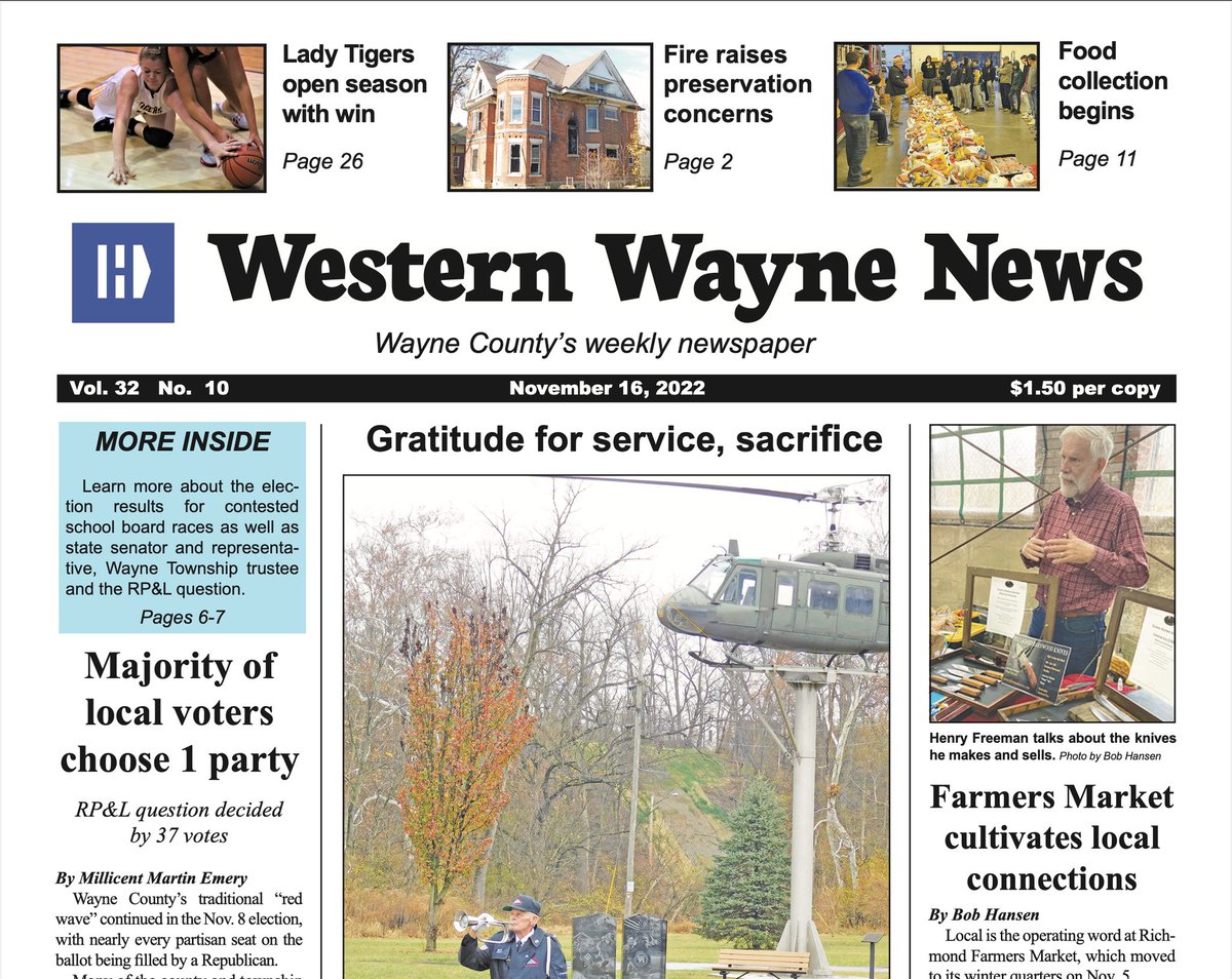 The Nov. 16 issue of Western Wayne News has election coverage, Veterans Day photos, stories from the Richmond Farmers Market, updates on new housing development and employer prospects, and celebrations of athletic achievement. Find it in local stores for $1.50!