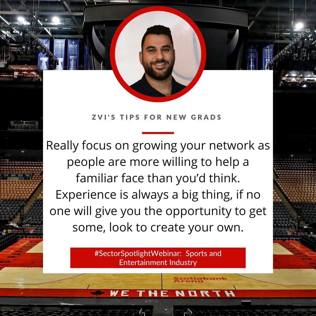 GeorgeBrownGrad's tweet photo. Meet our panelists at our Sports and Entertainment industry webinar! 🏀📺 

Advice from Zvi Katan, a graduate of GBC's Sports and Event Marketing program, President and owner of The Raptors Insider, AND Partnerships Coordinator for TSN.  

Register here:  https://t.co/93Cby7JqLi https://t.co/gs5ve0jfUr