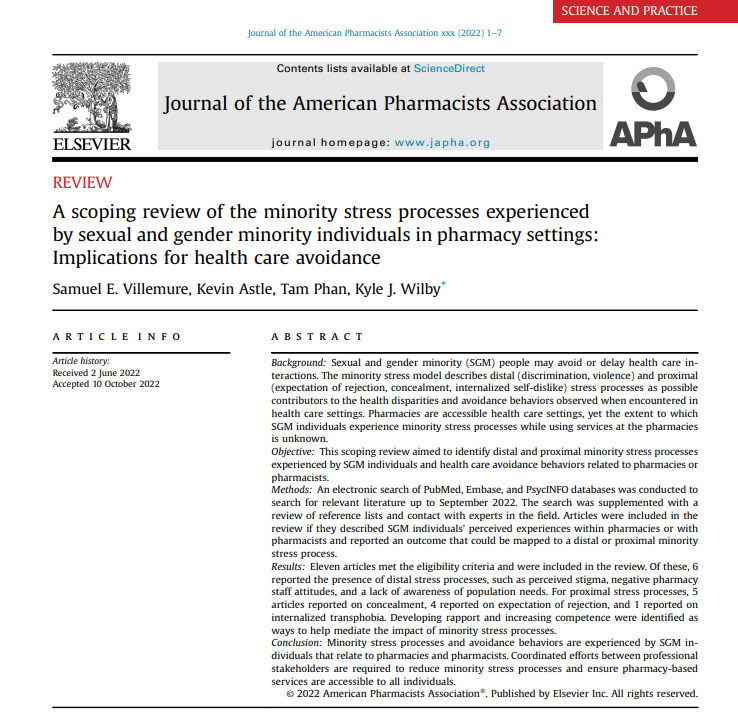 JAPhAJournal's tweet photo. IN PRESS: How do LGBTQ+ people experience pharmacies? Check out @KJ_Wilby and colleagues recent publication here!
#TwitteRx #Pharmacists
https://t.co/WX2E4gjHxK https://t.co/3GqDSzMyJM