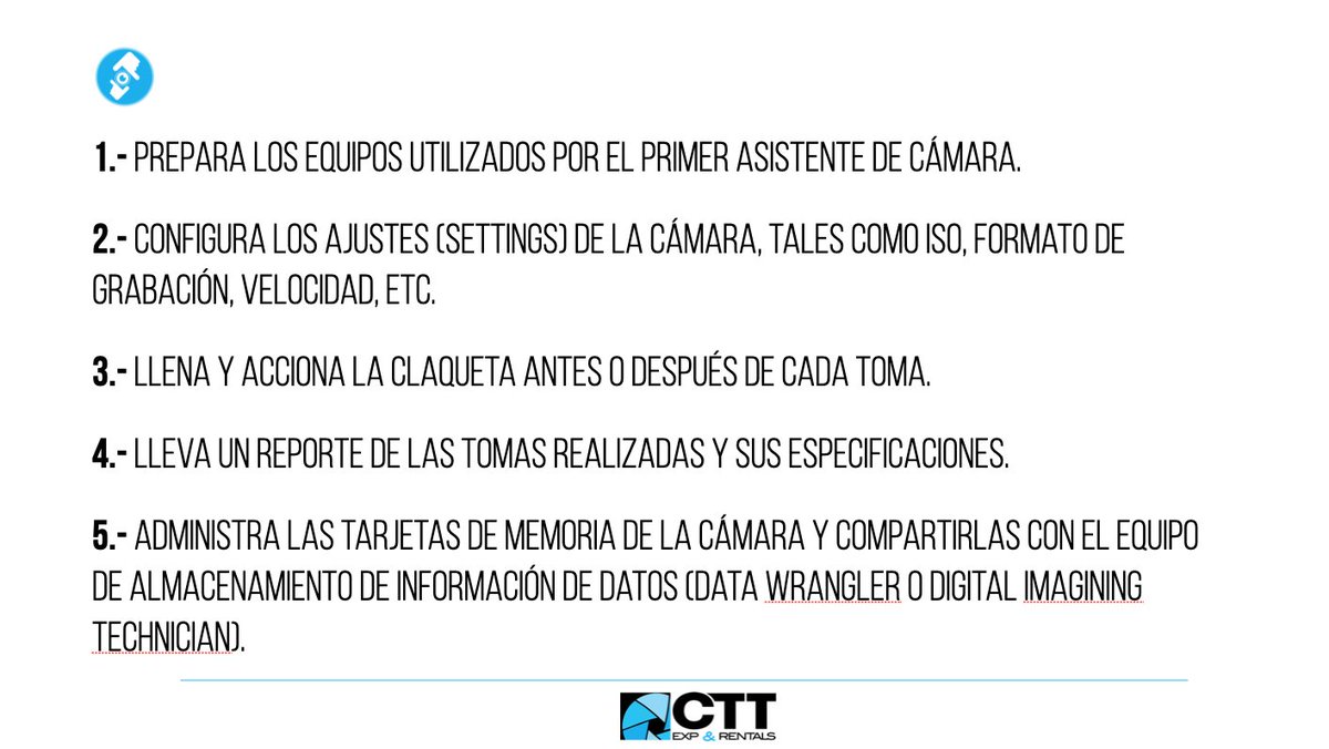 cttexp's tweet image. 2do Asistente de cámara:
1.- Prepara los equipos utilizados.
2.- Configura los ajustes de la cámara.
3.- Llena y acciona la claqueta.
4.- Lleva un reporte de las tomas realizadas.
5.- Administra las tarjetas de memoria de la cámara.

 #Asistentedecamara #SecondAssistantCamera