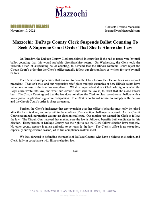 A statement from Deanne Mazzochi regarding DuPage County Clerk Jean Kaczmarek's pending motion before the Illinois Supreme Court.