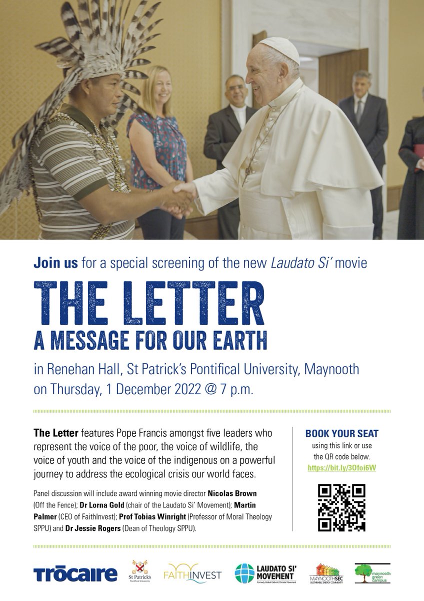 Join us for a screening of new Laudato Si movie The Letter on December 1st in @StPatsMaynooth.Followed by panel discussion with award winning director @Nicolasroether, @gold_lgold  and more.#TheLetterFilm

Book your free ticket here: bit.ly/3Ofoi6W 

More details 👇