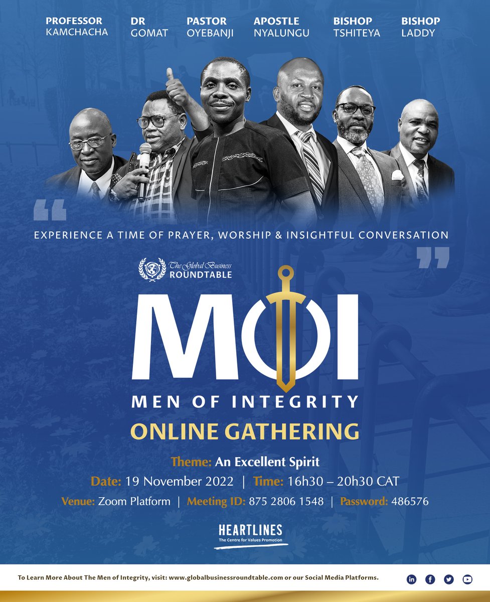 Real_GBR's tweet photo. Join @PastorOyebanji, @Prof_Kamchacha @BishopLaddy, @nyalungu_joseph, @GomatPierre and Bishop Jean Tshiteya as they tackle issues affecting men, fostering brotherhood and more.

See you tomorrow.

#globalbusinessroundtable
#GBRMenofIntegrity https://t.co/IcmW08ThtL