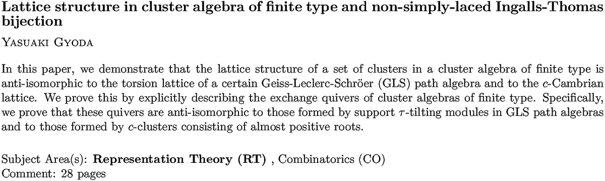 arxiv.org/abs/2211.08935…
Y Gyoda
Lattice structure in cluster algebra of finite type and non-simply-laced
  Ingalls-Thomas bijection