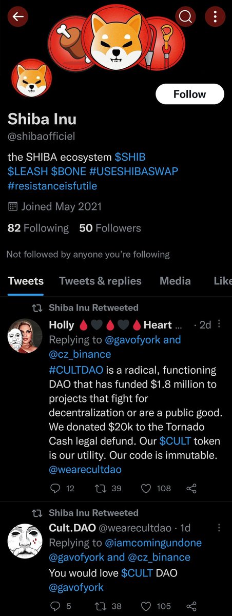 THESHILLLIFE's tweet photo. You can see by either looking at this screenshot or visiting this account they're shilling that #cultscam which has NOTHING to do with $SHIB. https://t.co/3wBBKrVTqp
