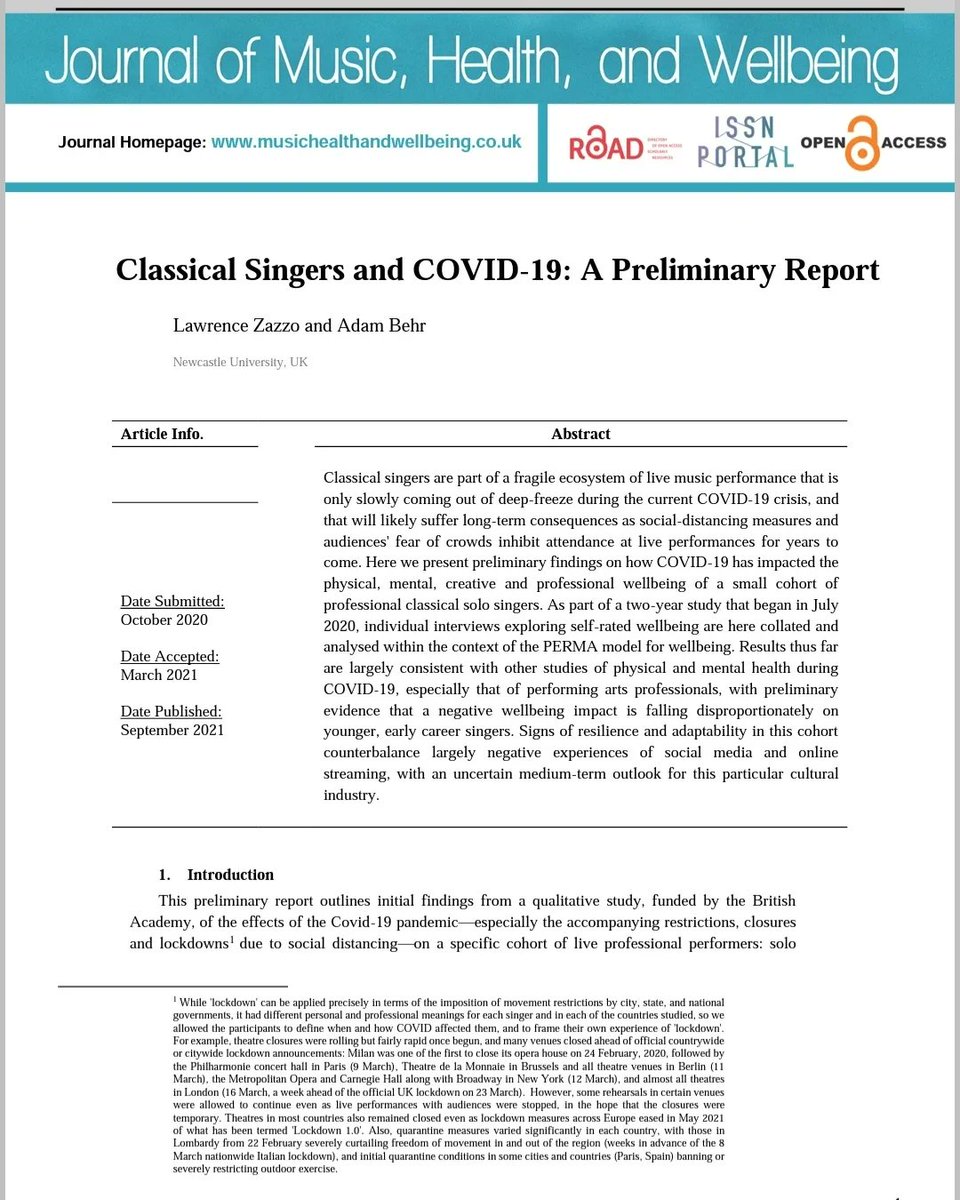 "Classical Singers and COVID-19: A Preliminary Report".
Tomorrow, in Newcastle (just arrived!) with dear friend <a href="/LawrenceZazzo/">Lawrence Zazzo</a>, his research team &amp; dear colleagues, at <a href="/UniofNewcastle/">Newcastle University</a> for his amazing project published on 'Journal of Music, Health, and Wellbeing'.