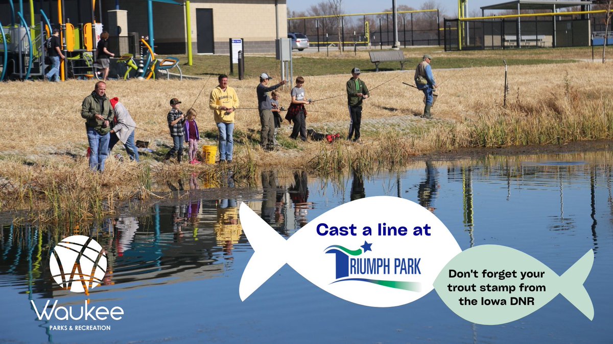 WaukeeParks_Rec's tweet photo. Grab your fishing pole to catch dinner this weekend! The DNR recently stocked Triumph Park w/ 1,400 trout. We'd love to hear if you've had luck catching some trout, so tag us in your post! Reminder to get your trout stamp if you don't have it. #Waukee #waukeeiowa #iowa #fishiowa https://t.co/3OjzkCWENj