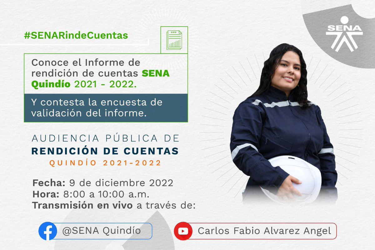 ccaralvar's tweet photo. Consulta el informe de Gestión @SENAQuindio para la Rendición de Cuentas de nuestra Entidad vigencia 2021-2022 https://t.co/rVp2vBrJwe
y diligencia la encuesta de validación del informe ingresando a:  https://t.co/ANjbDNZxYO https://t.co/nQ9yW288kq