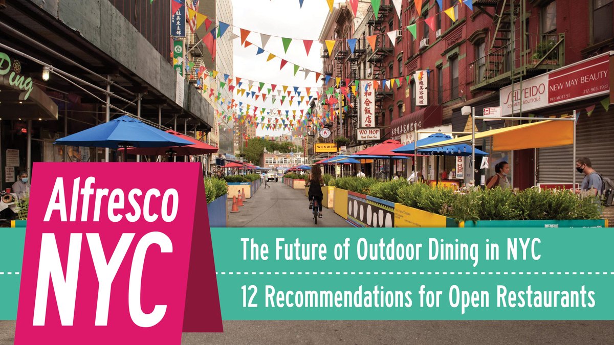 Outdoor dining saved local restaurants and breathed life and culture onto NYC's streets.

As the program becomes permanent, our <a href="/Alfresco_NYC/">alfresco_nyc</a> coalition has developed design guidelines &amp; policy recommendations for Open Restaurants.

Read the new report 🍽️ bit.ly/AlfrescoDesign…