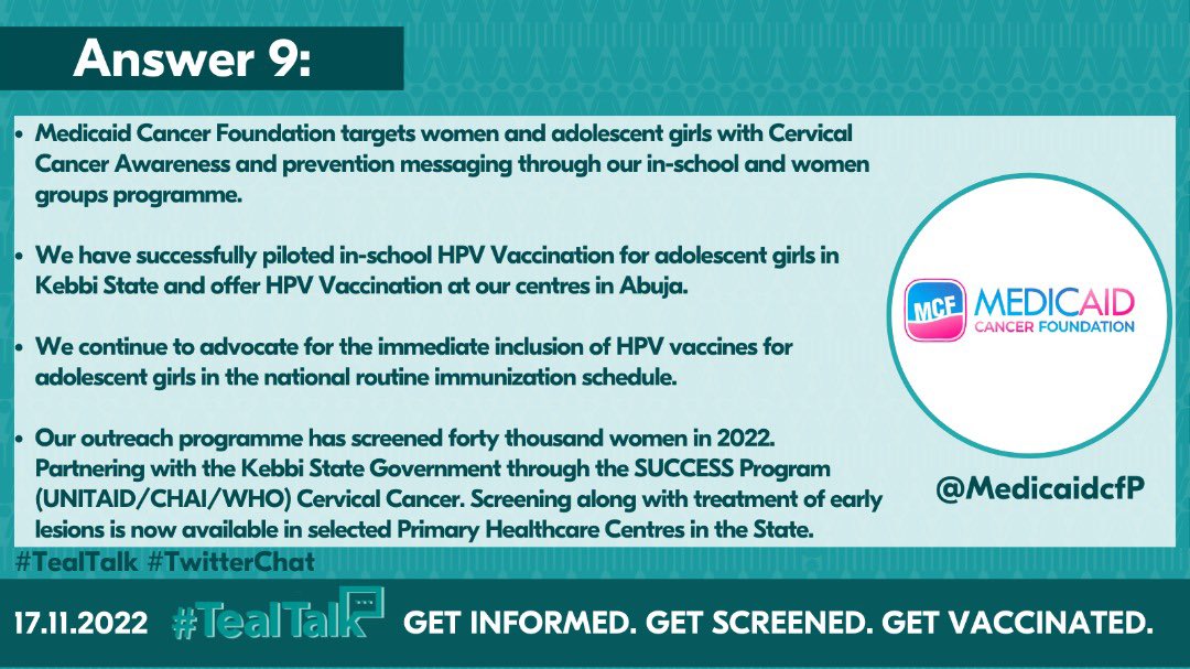 -MCF targets women & adolescent girls with #CervicalCancerAwareness & prevention messaging through our in-school & Women Groups Programme.

-We have successfully piloted in-school #HPVVaccination for adolescent girls in Kebbi State & offer HPV vaccination at our centres in Abuja.