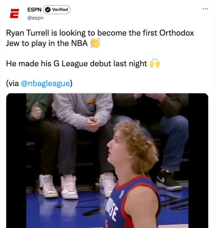 SethAMandel's tweet photo. NBA G League tweet about Ryan Turell attempting to become the first Orthodox Jew in the NBA. Here are the first ten replies, in order, as they appeared when I clicked on the tweet today (tweet itself from last week). Have a nice day: https://t.co/8ntdkY2kpD