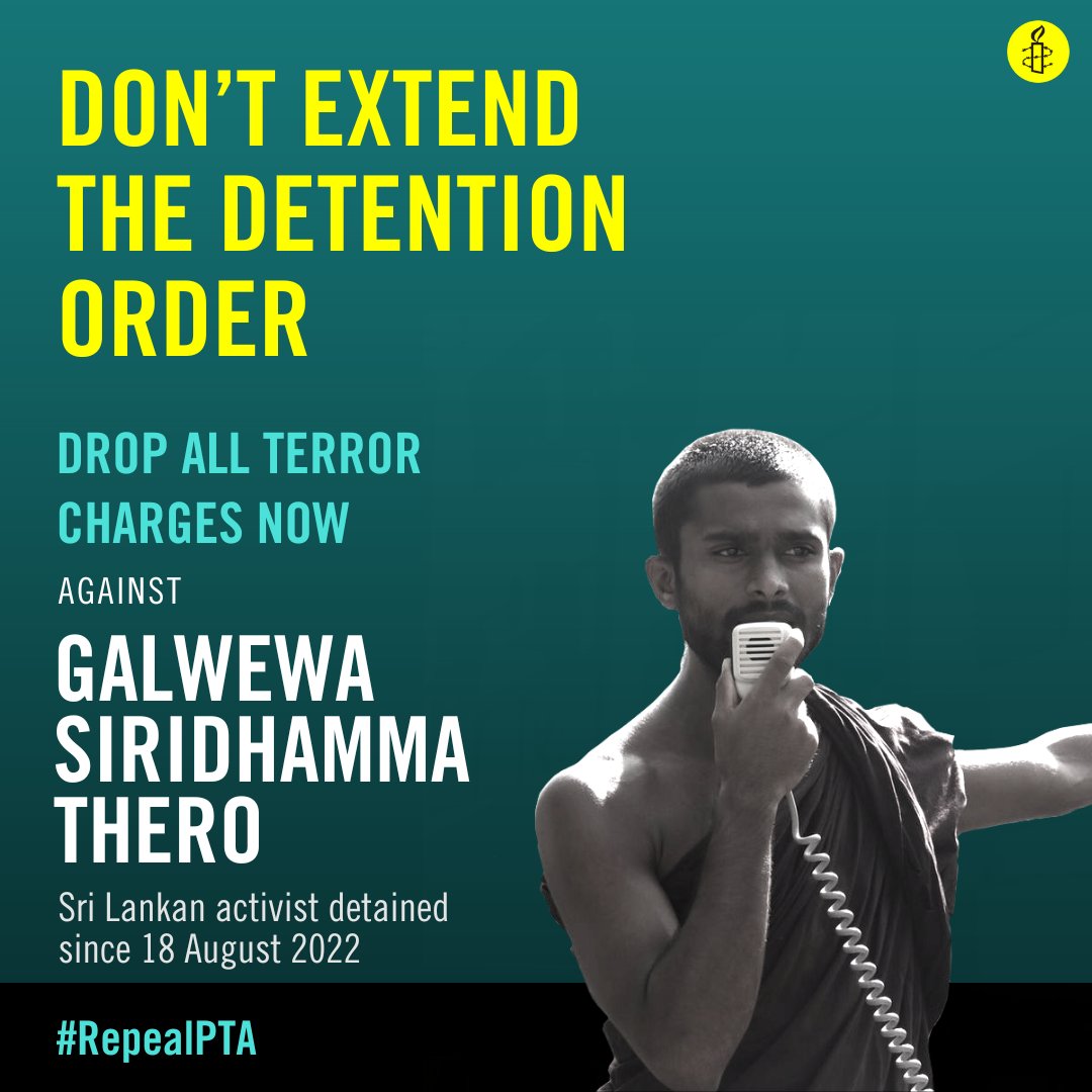 aiusa_gotb's tweet photo. After spending >90 days in detention, student activists Wasantha Mudalige + Siridhamma Thero risk facing a further extension of their detention order. Sri Lankan President @RW_UNP should drop all terror charges against protesters + not extend the order.

#ProtectTheProtest #lka https://t.co/2MKtlRe5AQ