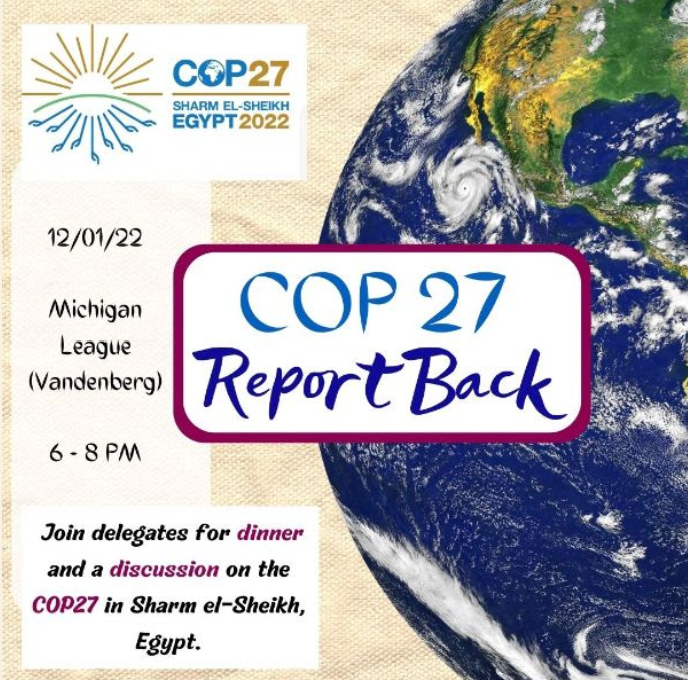 UMSustFoodProg's tweet photo. "Come join a panel of UM students, activists, and academics as they report back about what they experienced on the ground. Ask questions and help us make meaning of this global gathering in our UM community."

RVSP here! https://t.co/XRNbAda69L https://t.co/oKuqRhJELt