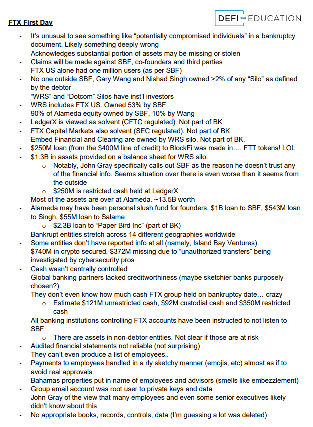 NightOwlCapital's tweet photo. Notes on FTX's First Day Filing I sent around to our team. Sharing it here for anyone who wants to get up to speed on the 30 page legal doc. https://t.co/MdDRMHB0j2