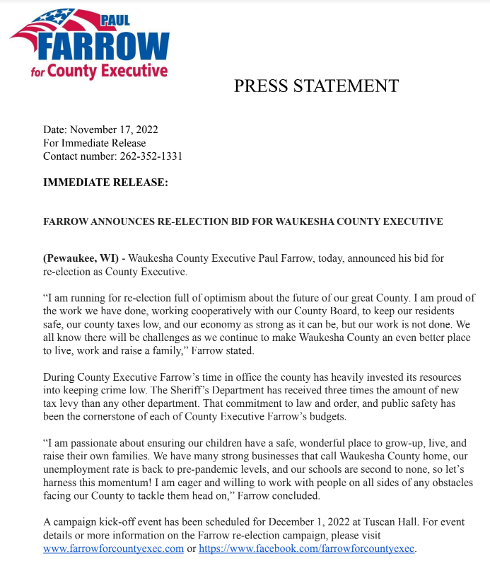 Paul Farrow on Twitter "I'm happy to announce my reelection campaign