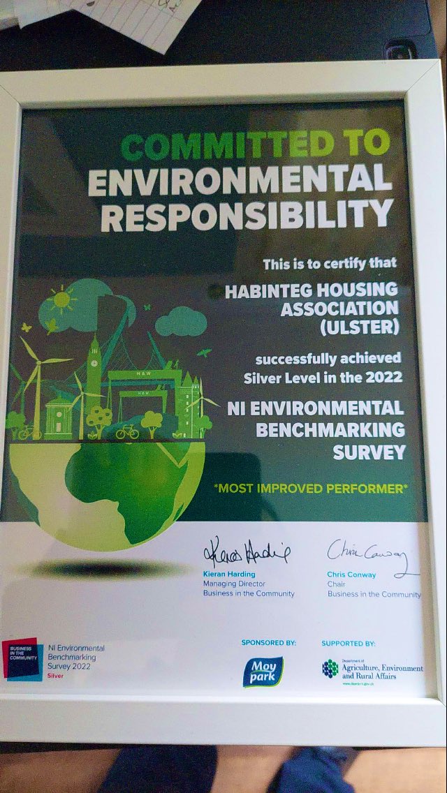 MAC02890's tweet photo. Proud of @HabintegNI jumping two levels to silver and taking home the “most improved performer” for environmental responsibility @bitcni #NIGreenBusiness #goteam @CIHhousing @nihecommunity https://t.co/CMOkXUvaHX