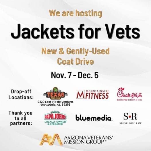 Taryn (@tarynatwork) on Twitter photo Donate your coats to benefit AVMG’s Jackets for Vets drive thru 12/5.
<a href="/AZVetsMission/">Arizona Veterans' Mission Group</a> Donate your coats to benefit AVMG’s Jackets for Vets drive thru 12/5.
<a href="/AZVetsMission/">Arizona Veterans' Mission Group</a>