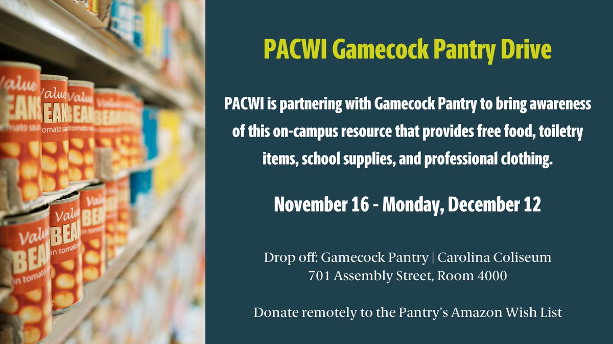 UofSC_PACWI's tweet photo. PACWI is partnering with the Gamecock Pantry to bring awareness of this on-campus resource that provides free food, toiletry items, school supplies, and professional clothing! 

👉🏽 Amazon wishlist: https://t.co/TVxHMtMZXw https://t.co/SW6AC1IPDf