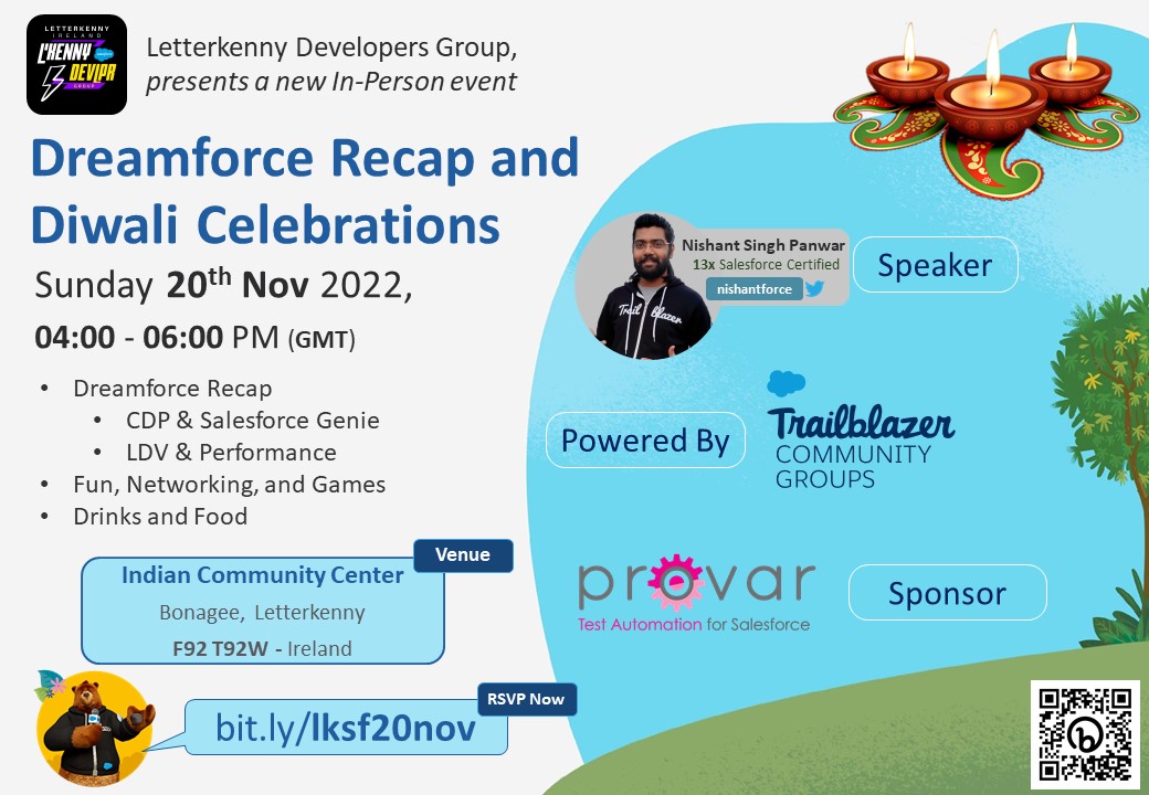 LK_Sf_Devs's tweet image. Hello Trailblazers!

Join us in person for our next event powered by #trailblazerCommunityGroups and Sponsored by @ProvarTesting 

Dreamforce Recap and Diwali Celebration✨

RSVP - bit.ly/lksf20nov

#Trailblazers #Salesforce #dreamforce #salesforceadmin