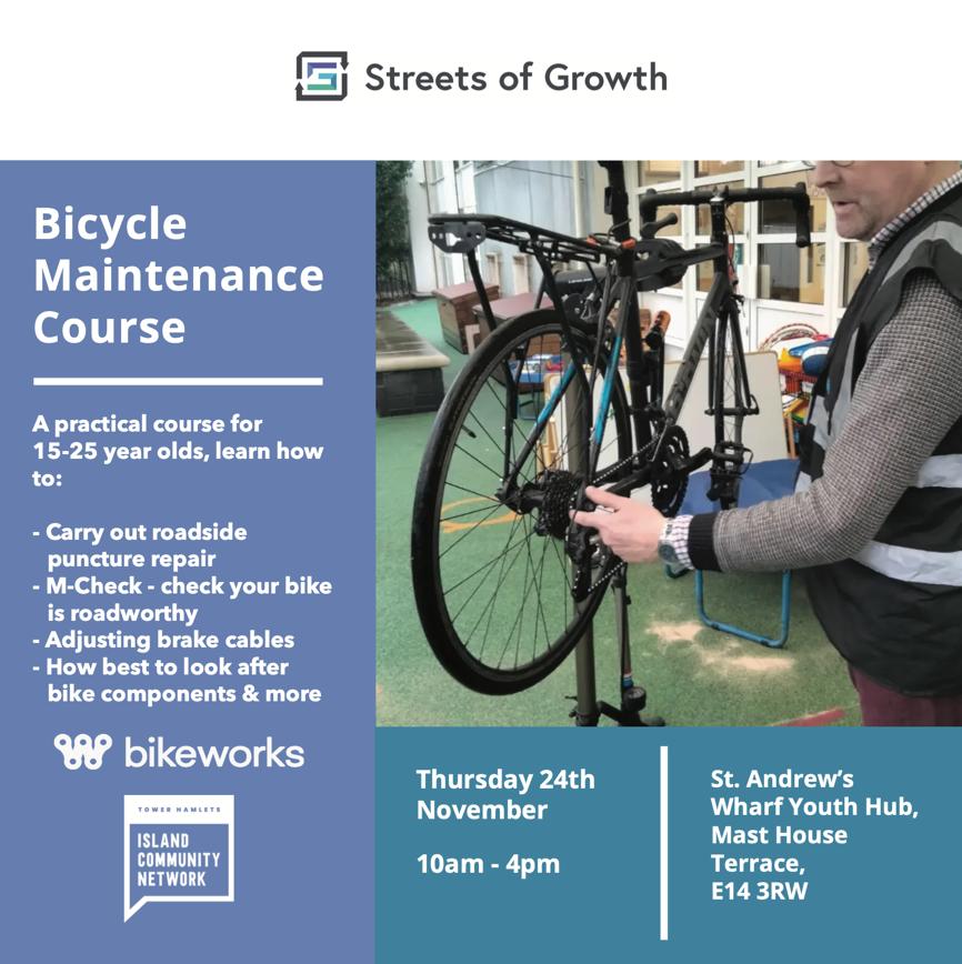 SoGrowth's tweet photo. Interested in learning more about how to look after your bike? We have a free 1 day course running next week in Isle of Dogs for 15-25 year olds with @Bikeworksuk - get in touch to take part #MyEnds https://t.co/BcrRhv8SVZ