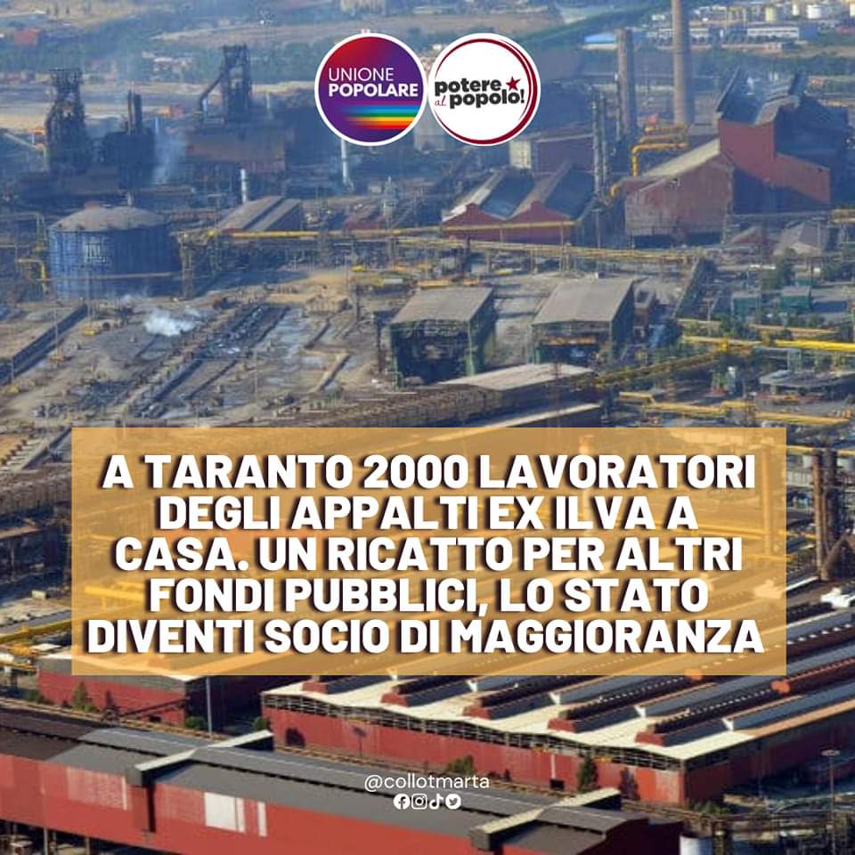 Da lunedì Accierie d'Italia a Taranto ha sospeso i rapporti con 145 aziende dell'indotto, mandando a casa 2000 lavoratori. Un colpo durissimo per la città dove l'ex Ilva è diventata preda di una speculazione dopo l'altra, lasciando ai tarantini solo povertà e inquinamento.

1/3