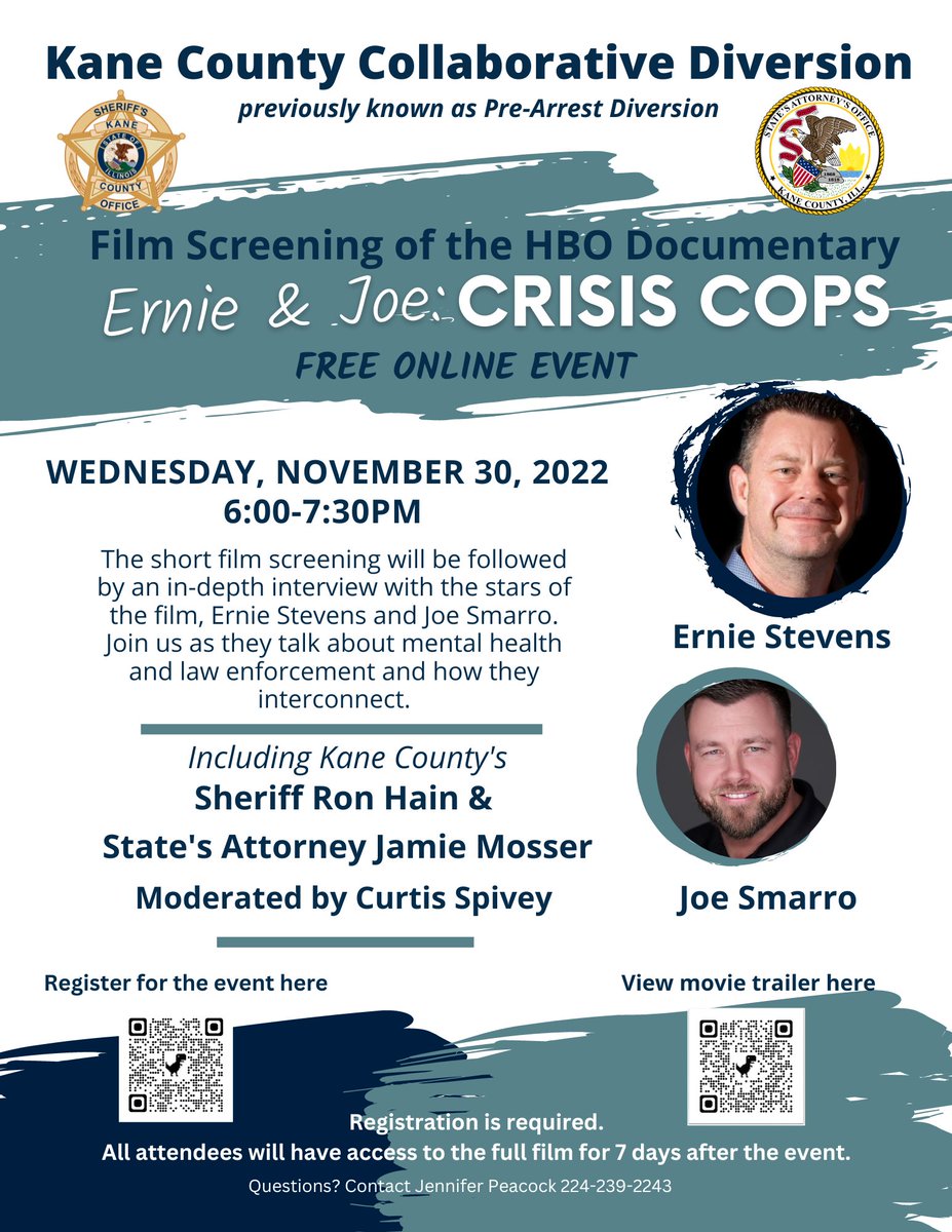 Join Sheriff Ron Hain and State's Attorney Jamie Mosser for a FREE online event where they will be viewing the upcoming HBO Documentary, 'Ernie & Joe: Crisis Cops,' and discussing the movie with Ernie and Joe.