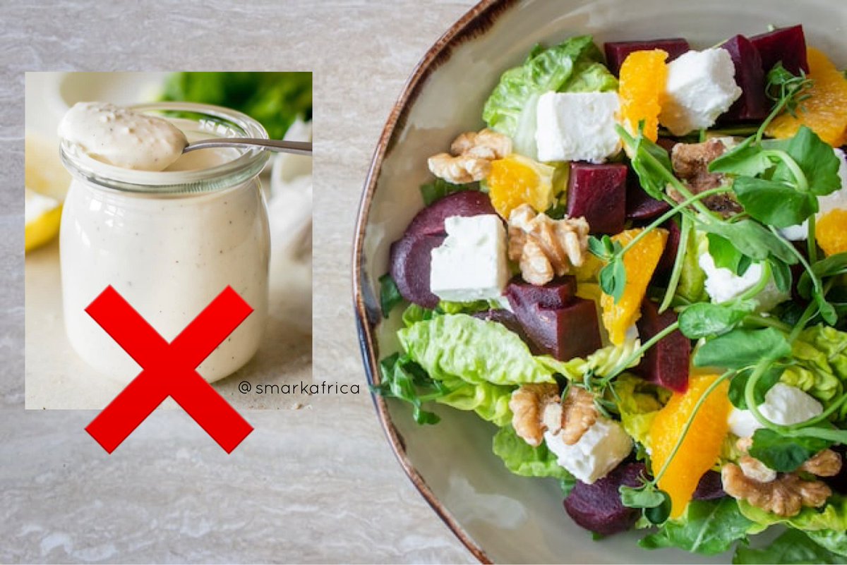 smarkafrica's tweet photo. Today’s #LunchTip ❌
Avoid creamy salad dressings.
🥗 Salads can be a great way to nourish your body, but drowning it in dressings and sauces has the opposite effect - it pushes the calorie count sky high!
#SMARKNutrition #HealthyEating
@ayei_akpama @JackieLumbasi https://t.co/1Evz4ch4dc