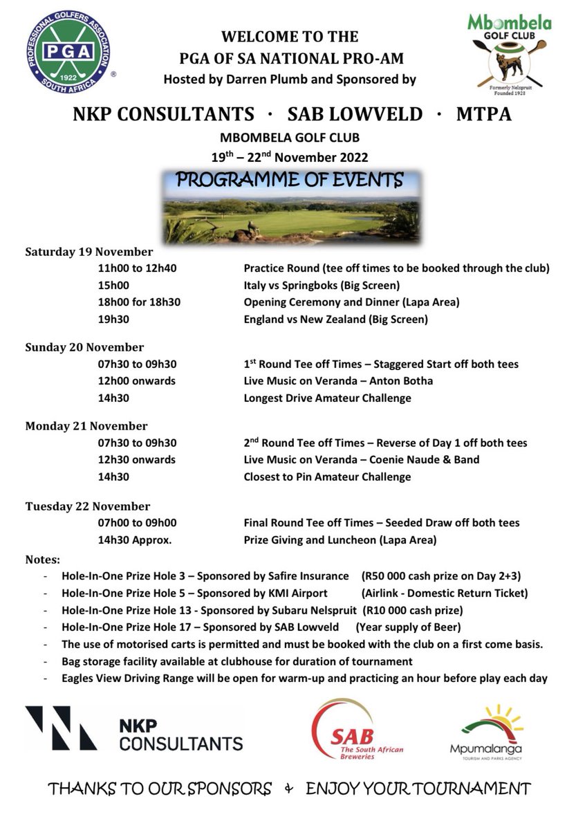 2️⃣ days to go till we underway in the <a href="/PGASA/">Professional Golfers Association of South Africa</a> National Pro-Am sponsored by NKP Consultants, <a href="/SABreweries/">The South African Breweries</a>  and <a href="/Mtpatourism/">Mpumalanga Tourism</a> . Tee time Draw for round 1. We look forward to hosting all participants at the #UltimateBushveldGolfingExperience