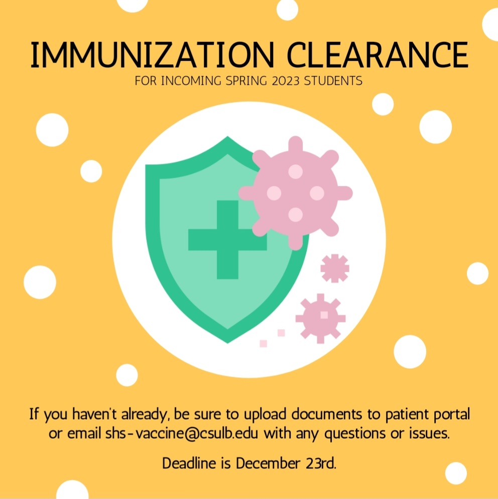 All NEW students will need to upload immunization documents as soon as possible. 

Please submit by December 23rd.