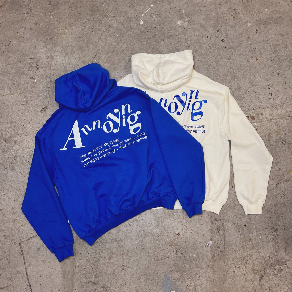 annoying__boy's tweet photo. 🥏DISORDER COLLECTION 
Release this Sunday 20th
6PM CET - 18H00 FR

Hoodie 500gsm puff/embroidery 
Blue/Sail 75€+ship

Tee-shirt 300gsm puff/embroidery
Blue/Sail 45€+ship

XS-XL Oversized fit
Made in Portugal 
Printed &amp; embroidered in France 🇫🇷 https://t.co/h16CGdpIU1