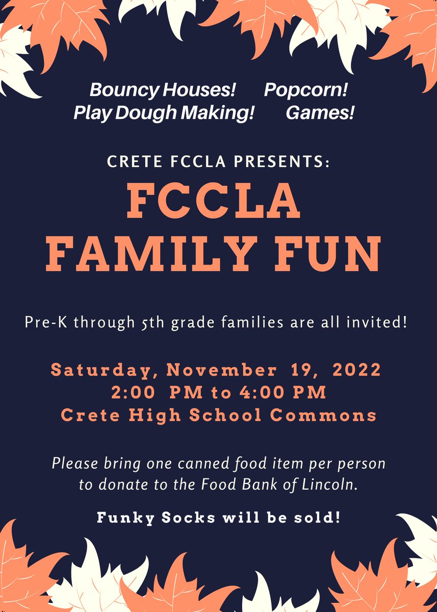 Please join us for our 2nd annual FCCLA Family Event this Saturday from 2:00 pm to 4:00 pm! 

FCCLA members are needed to help set up at 1:00 pm. #NEFCCLA