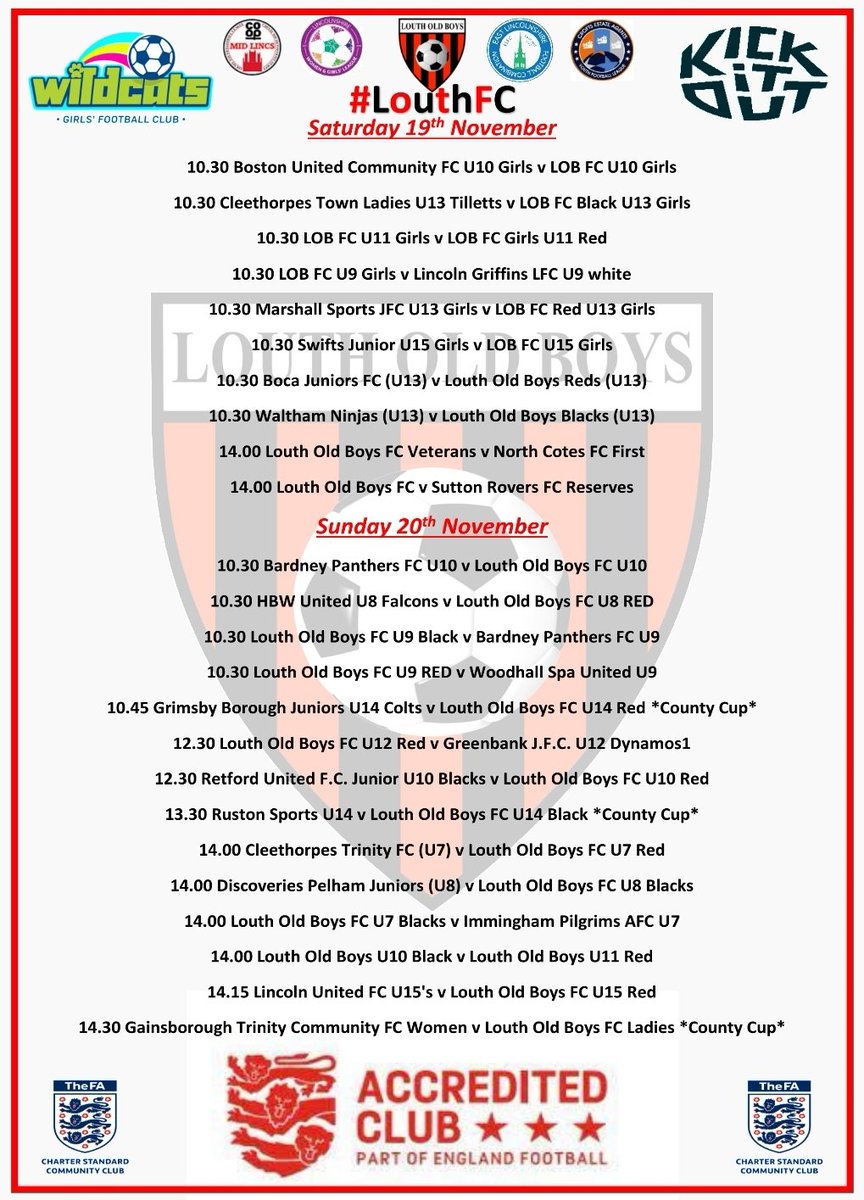 This weekend's Fixtures 
⚽️⚽️⚽️

Good luck to all team's 🍀💪

#LouthFC #CommunityClub #louth #grassroots #LOBFamily #kickitout #lobgirls #lobladies #wereallgrassroots #lobseniors #PlaySafe            🔴⚫🔴⚫🔴⚫🔴⚫🔴⚫