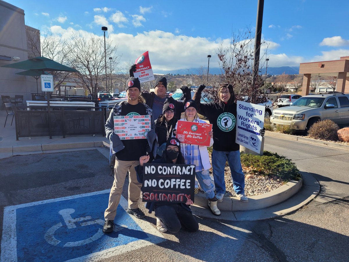 WSUPCOSprings's tweet photo. Starbucks workers at Centennial and Garden of the Gods holding the line for the #redcuprebellion. Come out and show your support. #nocontractnocoffee ✊️✊️ https://t.co/0JCS16ozvz