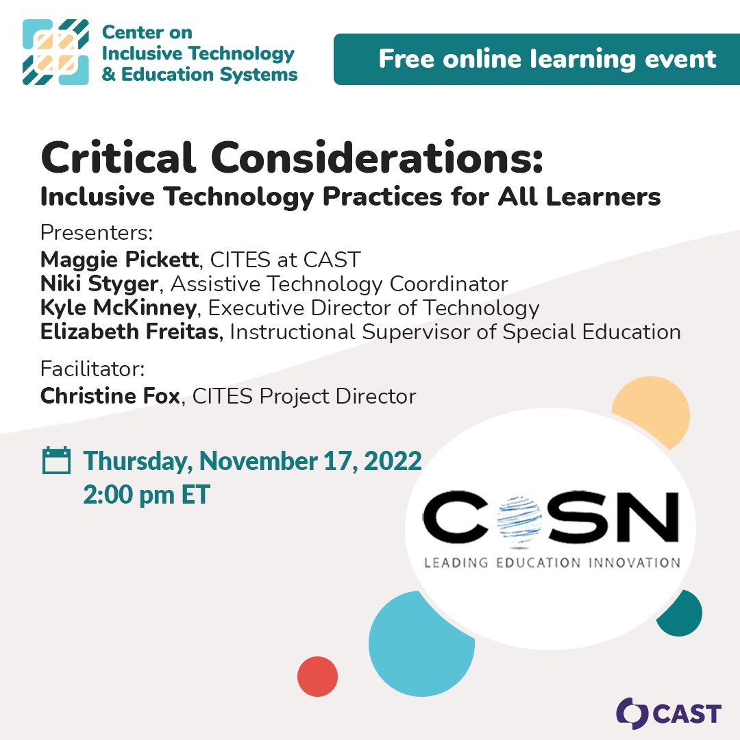In one hour, be sure to join us for our webinar with #CITES <a href="/CAST_UDL/">CAST</a>, Critical Considerations: Inclusive Technology Practices for All Learners Webinar - ow.ly/gn9S50LHiaz
#ATchat #UDLchat <a href="/keithkrueger/">Keith Krueger</a> <a href="/cafox/">Christine Fox</a>