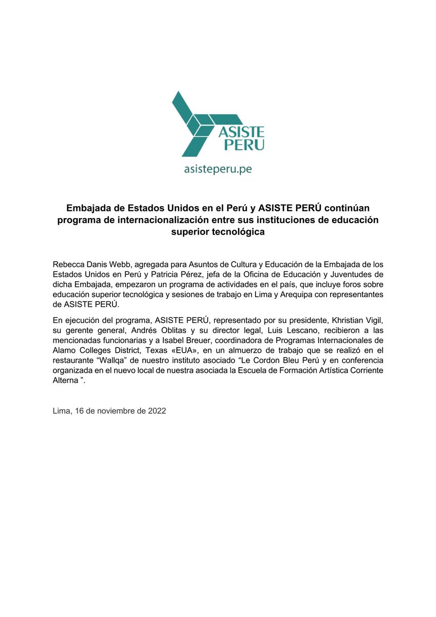 AsistePeru's tweet photo. La @USEMBASSYPERU y @AsistePeru continúan programa de #internacionalización entre sus instituciones de #educaciónsuperior tecnológica. #educación https://t.co/kFcZlZaeYn