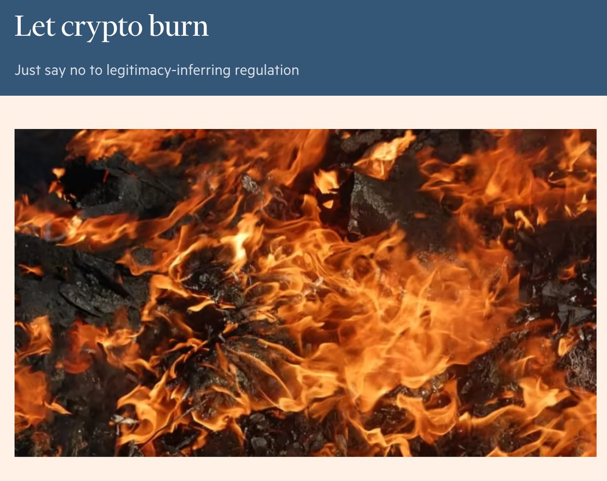 In aftermath of collapse of FTX, authorities should resist urge to create a  legal and regulatory framework for crypto. It is far better to do nothing,  and just let crypto burn.